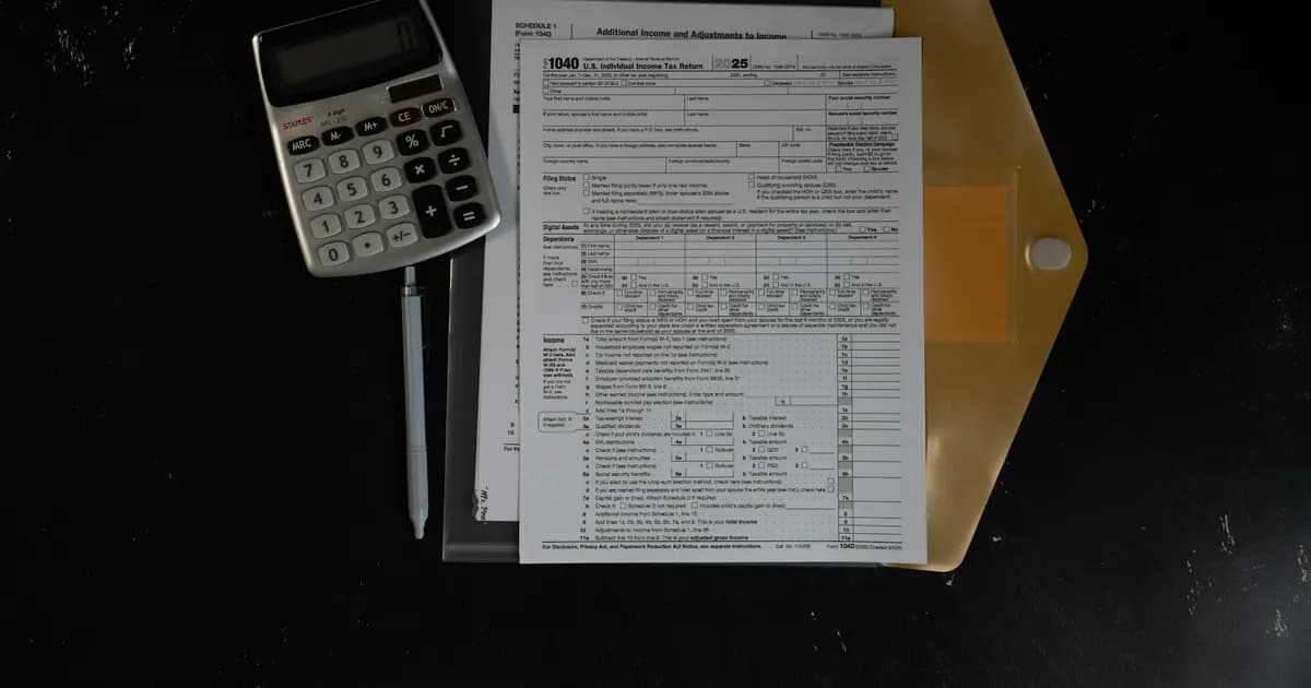 A calculator and financial documents arranged on a desk