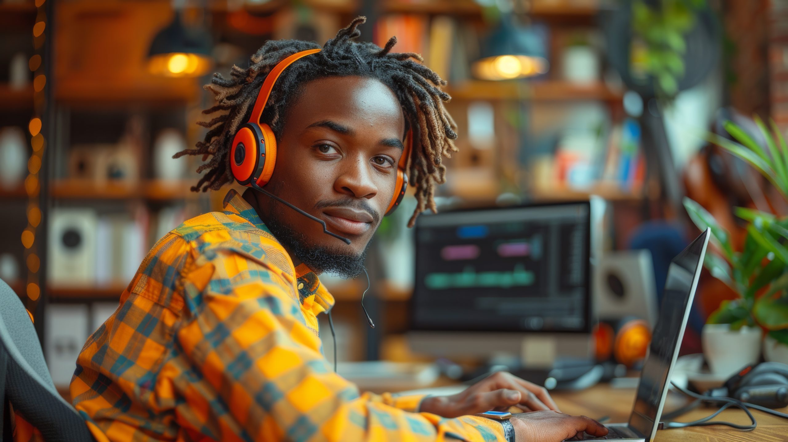 A young African American man wearing headphones works on a laptop computer in a creative office while wearing headphones